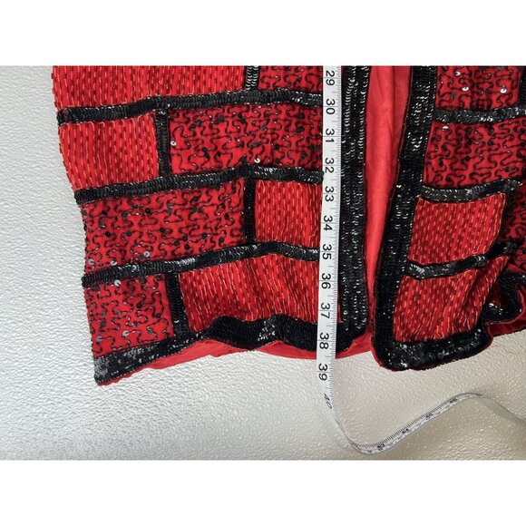 VTG Women 2X Bold Sequin Silk Red Black Beaded Geometric Retro 38" Long Jacket - Picture 8 of 11